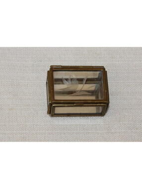 Vintage Small Brass & Clear Etched Glass Trinket Box w/ Mirror Bottom